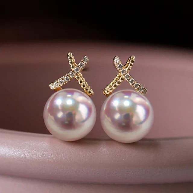 【La Corser】7-7.5mm 日本進口 Akoya 天然海水珍珠 耳釘 18K金 鑽石 耳環 雙層交叉型 耳飾