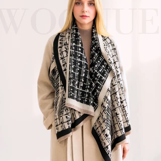 【WOONUE】英倫格紋超柔羊毛絨質感圍巾披肩空調百搭圍巾絲巾斗篷粉色白(生日媽媽女友老婆聖誕交換禮物)