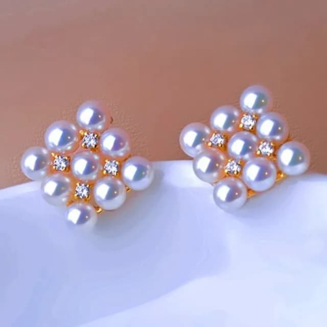 【La Corser】4-4.5mm 天然日本 Akoya 海水珍珠 耳釘 迷你小珍珠 耳環 18K黃金 菱形設計 優雅耳飾