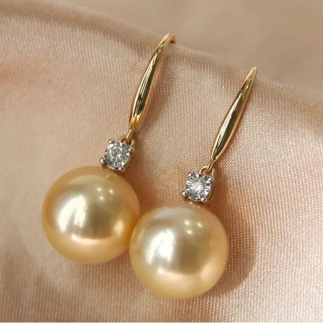 【La Corser】14-14.9mm 南洋金珠 耳勾 18K黃金 鑽石耳飾 淺金色珍珠 耳環 正圓 天然海水珍珠 氣質百搭