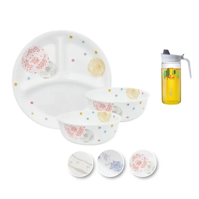 【CorelleBrands 康寧餐具】雙11限定-473ml韓式湯碗X2+8吋分隔盤X1 三件組(贈油壺)