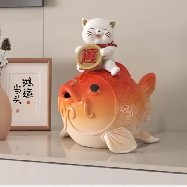 【超微米】鴻運當頭錦鯉招財貓擺件 客廳玄關電視櫃收銀台裝飾品 喬遷開業禮物(22*20*24CM)