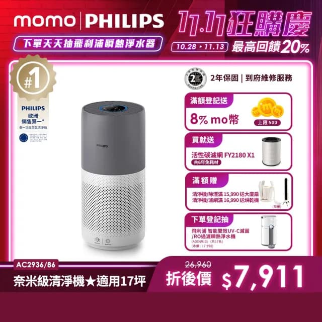 【Philips 飛利浦】奈米級空氣清淨機-360度高效過濾★適用17坪(AC2936)