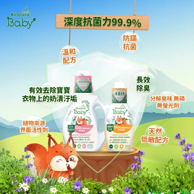 【日本FaFa KIRASARA】嬰兒植萃抗菌洗衣精900g+柔軟精600ml(日本製/手洗精/貼身衣物)