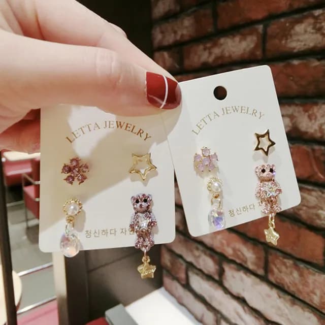 【BBHONEY】韓風設計耳飾 4件套 鑲鑽小熊 可愛星星耳釘 耳環(網美必備款)