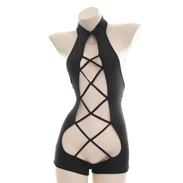 【Sexy baby】A1129性感簍空綁帶貼身制服誘惑連體衣連體情趣內衣大腿網襪性感睡衣(Cosplay 情人節禮物)