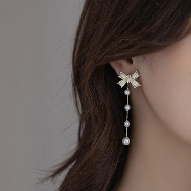 【MISS KOREA】韓國設計925銀針兩戴法設計溫柔珍珠蝴蝶結流蘇造型耳環(925銀針耳環 兩戴法耳環 流蘇耳環)