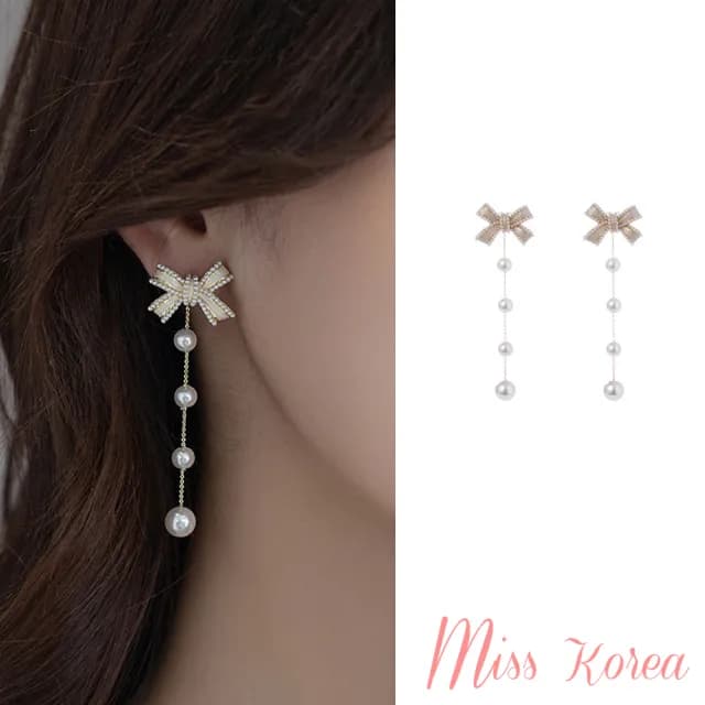 【MISS KOREA】韓國設計925銀針兩戴法設計溫柔珍珠蝴蝶結流蘇造型耳環(925銀針耳環 兩戴法耳環 流蘇耳環)