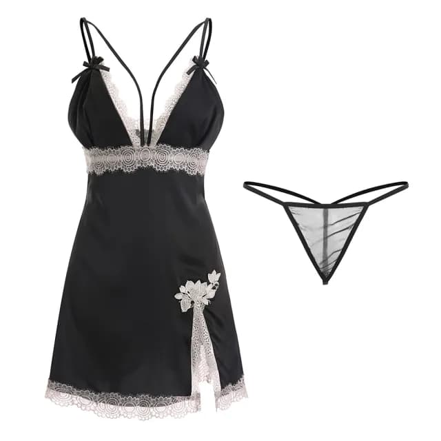 【Sexy baby】A562冰絲緞面美背挑逗蕾絲性感低胸深V開衩睡裙制服誘惑情趣內衣性感睡衣(Cosplay 情人節禮物)