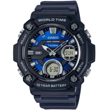 【CASIO 卡西歐】學生錶 10年電力 冒險精神 計時雙顯錶-黑x藍 送禮 禮物 推薦 交換禮物(AEQ-120W-2AV)