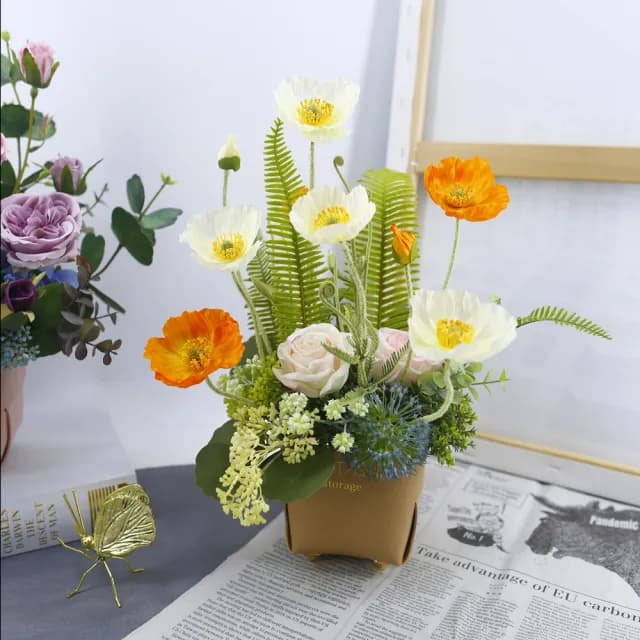 【HUGO DECO 榆果傢飾】橘白虞美人皮革盆香氛花藝(擬真花/香氛/送花/端午節/送禮)