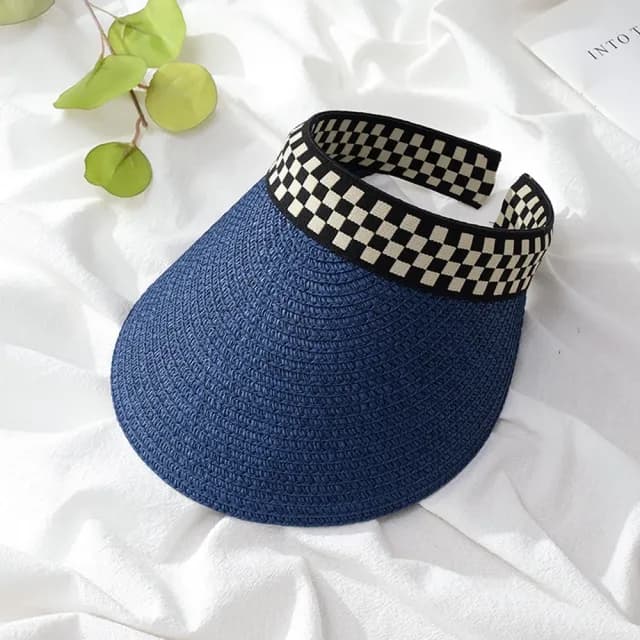 【米蘭精品】現貨+預購 空頂帽防曬帽(黑白格草編長帽簷遮陽男女帽子母親節禮物6色74cp24)