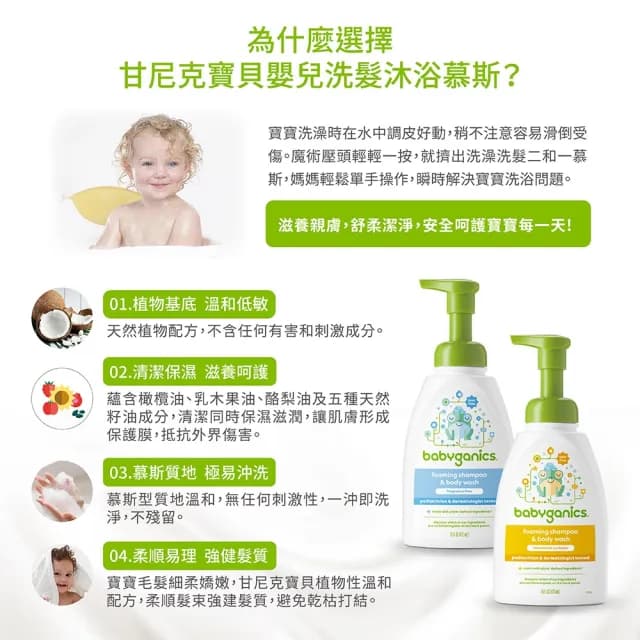 【甘尼克寶貝】新手爸媽呵護寶寶嚐新組(嬰兒沐浴幕斯473ml x 保濕潤膚乳266ml)
