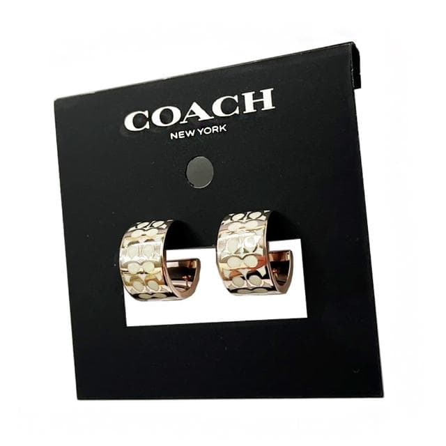 【COACH】C LOGO 穿針式琺瑯耳環(白/玫瑰金)