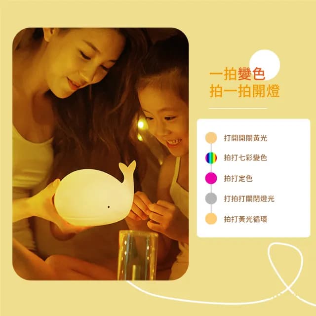 【拍拍變】USB鯨魚造型小夜燈(拍拍燈 觸控燈 床頭燈 氣氛燈 氛圍燈 變色燈 可愛擺飾 交換禮物)