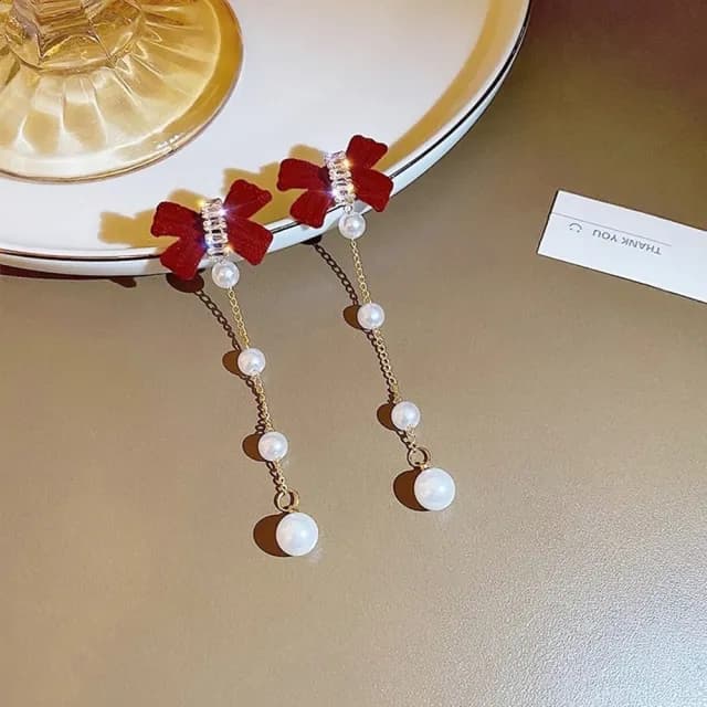 【Emi 艾迷】聖誕節 紅色系完美絨感蝴蝶結珍珠愛心 925銀針耳環(聖誕禮物 交換禮物)