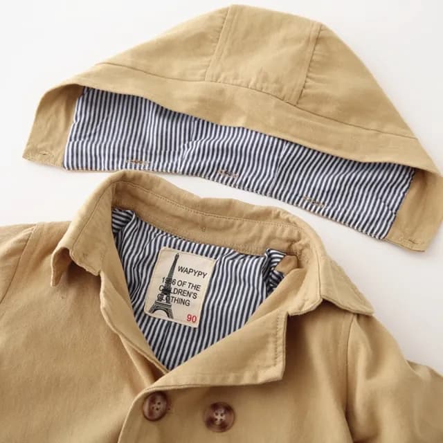 【橘魔法】翻領卡其風衣排扣連帽外套(連帽可拆 長袖外套 風衣 中性款 男童 女童 兒童 童裝)