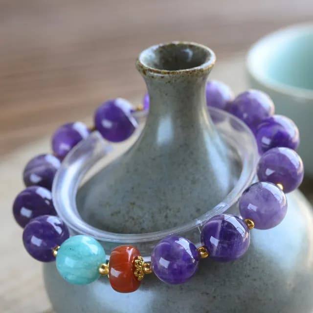 【桃花源創意工坊】紫水晶手鍊 天河石配南紅瑪瑙手鍊(手鍊)