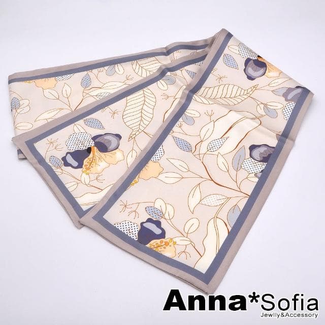 【AnnaSofia】仿絲領巾絲巾圍巾-線框扶桑緞面 現貨(粉米底系)