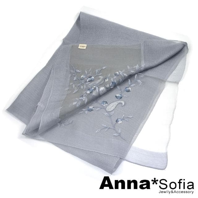 【AnnaSofia】真絲羊毛混紡大尺寸披肩絲巾圍巾-沁梅曲葉 現貨(灰系)