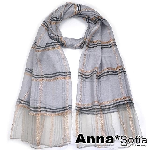 【AnnaSofia】真絲羊毛混紡大尺寸披肩絲巾圍巾-金絲線格紋 現貨(淺灰系)