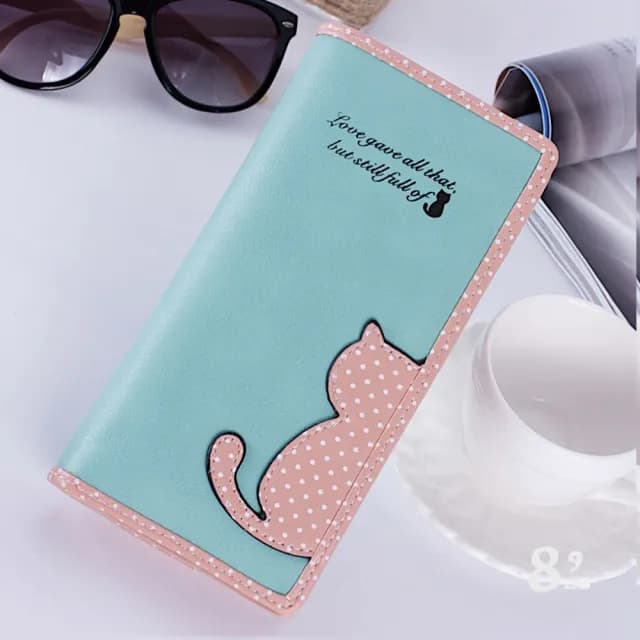 【89 zone】雙11 韓版時尚可愛撞色貓咪波點 長款錢包 手拿包 零錢包 錢夾 皮夾 長夾(藍/粉/黑)