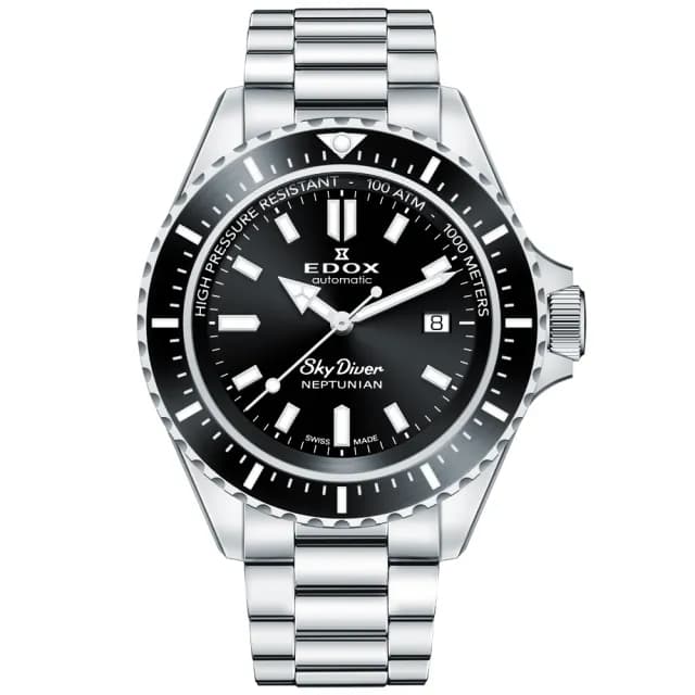 【EDOX 伊度】SkyDiver 海神波賽頓 1000米潛水機械錶-黑x銀 送禮 禮物 推薦(E80120.3NM.NIN)