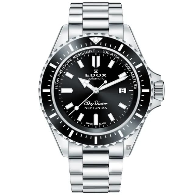 【EDOX 伊度】SkyDiver 海神波賽頓 1000米潛水機械錶-黑x銀 送禮 禮物 推薦(E80120.3NM.NIN)