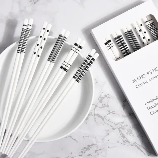 【Homely Zakka】北歐經典復古黑白浪漫系列陶瓷筷子25cm_禮盒5雙組(餐具 筷子 碗筷 陶瓷餐具)