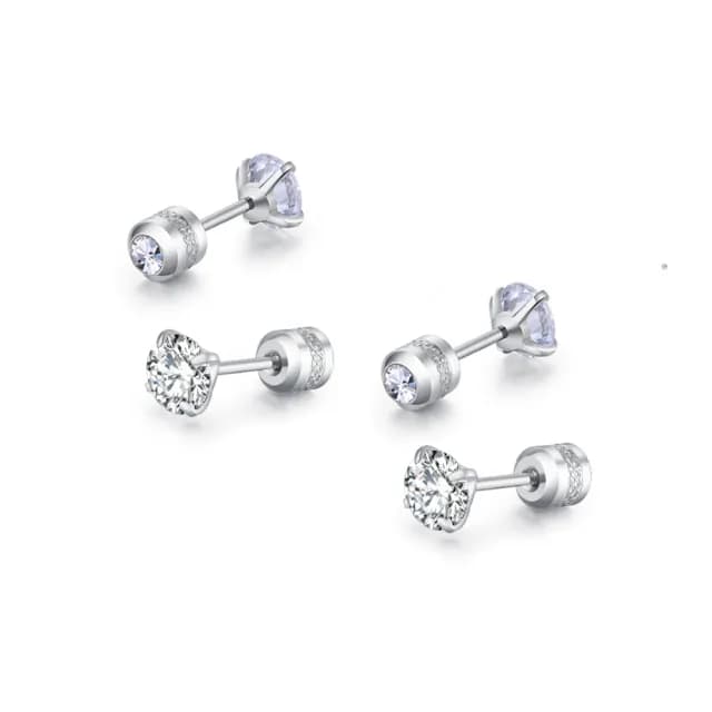 【耀眼美人】閃耀銀色雙鋯石鑽鈦閃耀不銹鋼耳環兩組入(雙11/造型美容美感品味)