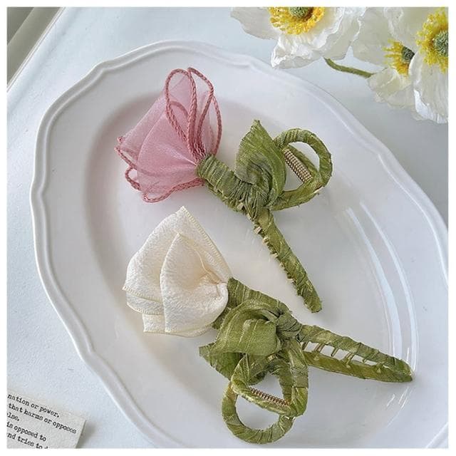 【HaNA 梨花】母親節禮物 韓國粉色愛戀．手工緞帶鬱金香抓夾(抓夾 韓國髮夾 鯊魚夾)