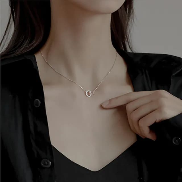 【Umi】韓式東大門圓圈方形扣微鑲鑽造型簡約奢華時尚優雅百搭銀項鍊(韓劇精緻情人節禮物)