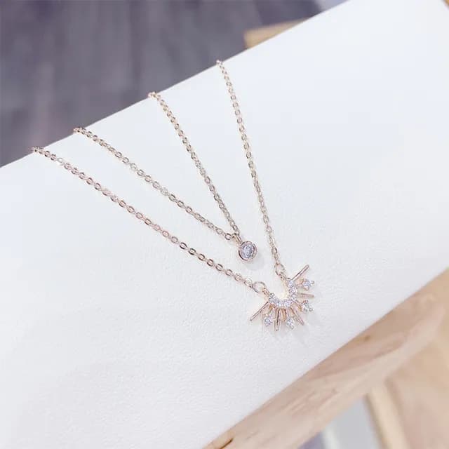 【Umi】韓式東大門簡約奢華時尚優雅百搭銀項鍊300(日出日落雙層微鑲鑽幸運單鑽 韓劇 精緻情人節禮物)