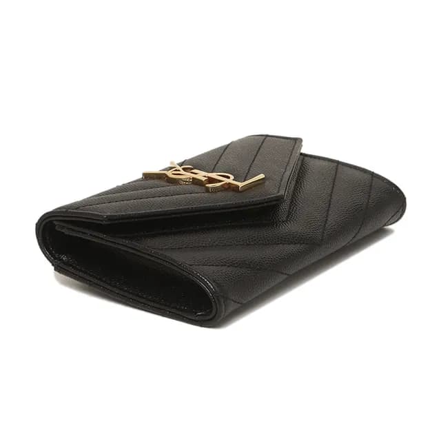 【YSL】金字LOGO V字縫線 黑色 小牛皮 扣式短夾 皮夾 零錢包(414404BOW011000)