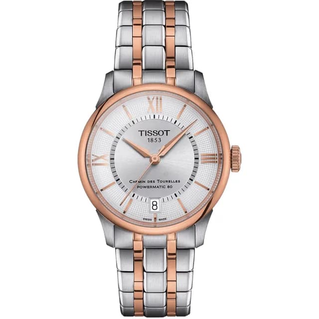 【TISSOT 天梭 官方授權】杜魯爾系列動力80小時機械女錶-銀x玫瑰金/34mm 送禮 推薦(T139.207.22.038.00)
