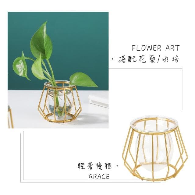 【園藝裝飾】歐式鐵藝幾何菱形玻璃花瓶(花器 插花 花盆 水培 多肉植物 空盆栽 桌面擺設 玻璃瓶 擺件 擺飾)
