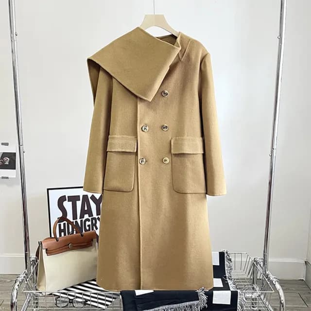 【巴黎精品】現貨+預購 毛呢大衣羊毛外套(保暖圍巾領雙排扣加厚長款女外套4色v1al16)
