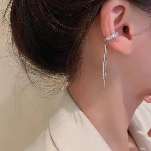 【Oni 歐妮】微鑲鋯石C型長款流蘇耳骨夾式耳環無耳洞耳扣耳夾耳窩夾(1對入)