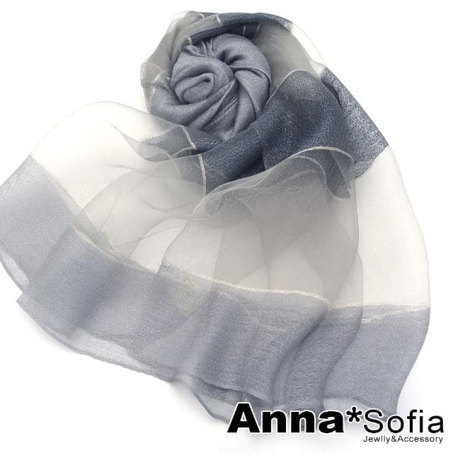 【AnnaSofia】真絲羊毛混紡大尺寸披肩絲巾圍巾-絲點橫條鏤空 現貨(銀灰系)