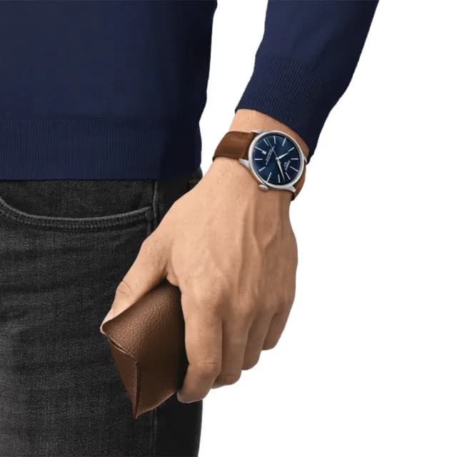 【TISSOT 天梭 官方授權】杜魯爾系列 80小時動力儲存機械腕錶-42mm/藍x咖啡 情人節 禮物(T1394071604100)