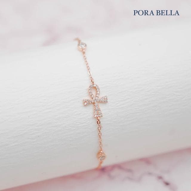 【Porabella】925純銀十字鋯石手鍊 安卡符號祈福純銀手鏈 情人節禮物 生日禮物 告白 銀飾 Bracelet
