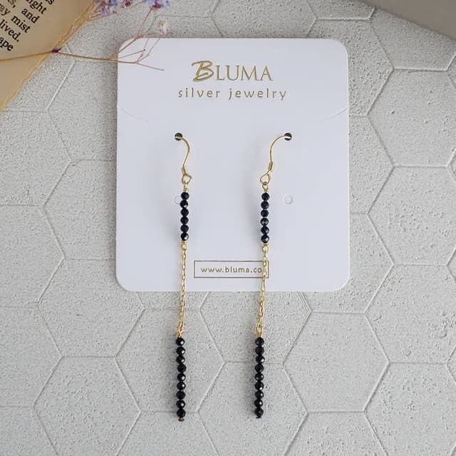 【BLUMA】情人節禮物 水晶耳環 伊斯坦堡之夜純銀耳環  黑尖晶(天然水晶串珠長耳環 垂墜式耳飾 優雅金色線條
