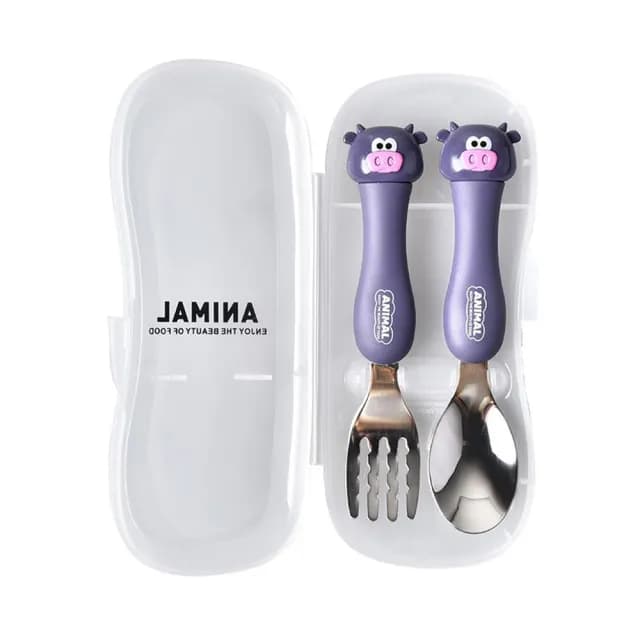 【牛哞哞】動物兒童餐具2件套-湯匙叉子(便攜 外出 露營 叉子 環保叉 環保湯匙 環保餐具 造型餐具組)