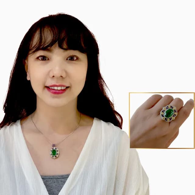 【Emmas愛馬飾】精工3A鋯石招財碧綠黃寶石墜&戒指組鏈(母親節禮物)