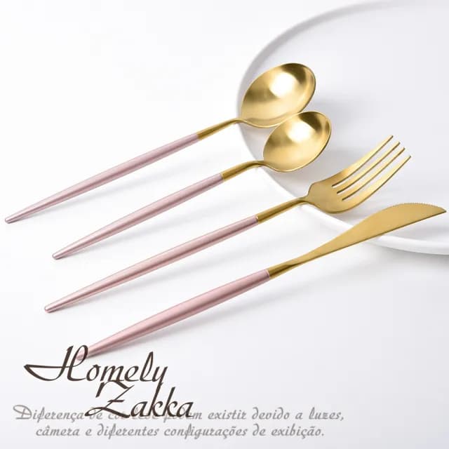 【Homely Zakka】輕奢粉金撞色不鏽鋼餐具4件組(刀叉 湯匙 西式餐具 環保餐具)