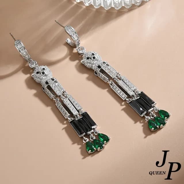 【Jpqueen】華麗花豹綠晶流蘇長垂墜耳環(銀色)