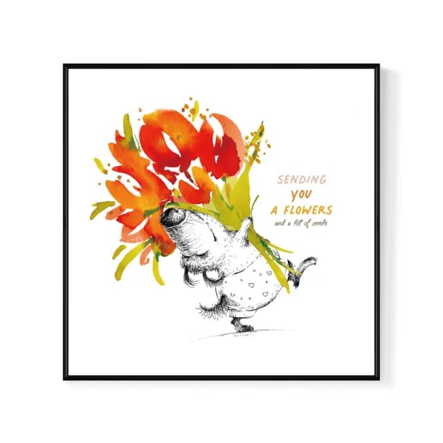 【菠蘿選畫所】一束花一抹微笑-60x60cm(鮮花可愛小狗插畫/情人節禮物/週年紀念禮物/邊櫃擺設)