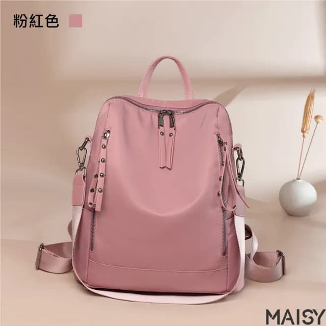【MAISY】情人節禮物 嚴選百搭時髦牛津布後背包(現+預 黑色／杏灰色／粉紅色／粉紫色)