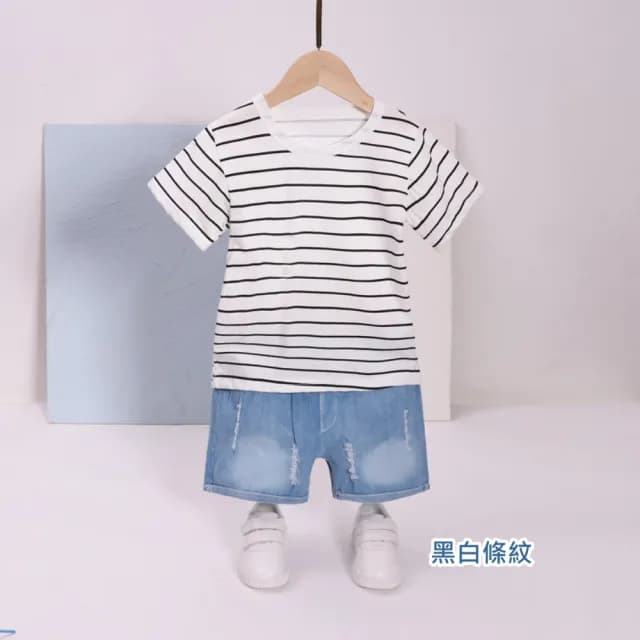 【小衣衫童裝】夏季兒童中性款短袖上衣牛仔短褲套裝(1120209)