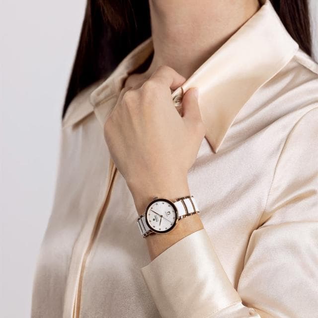【Rado 雷達表】Centrix晶萃真鑽自動機械腕錶-白陶瓷x玫瑰金色 R02送禮推薦(R30019744)